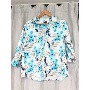 212‎ NY Womens Blue White Floral Button Down Shirt 3/4 Sleeve Stretch Top Size L